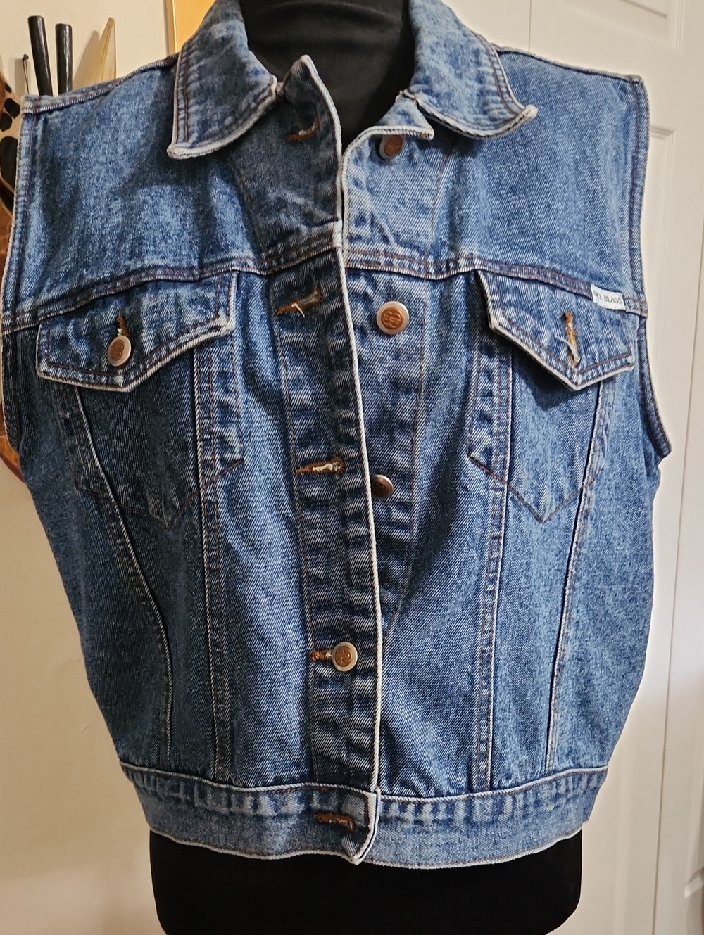 bill blass Blue Denim Sleeveless Trucker Jacket, circa 1990's